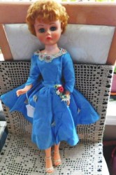 24'' 1950S VINYL BLONDE JUDY FASHION DOLL, BLUE TAFFETA GOWN, STRAPPY HEELS, FLOWERS 1450